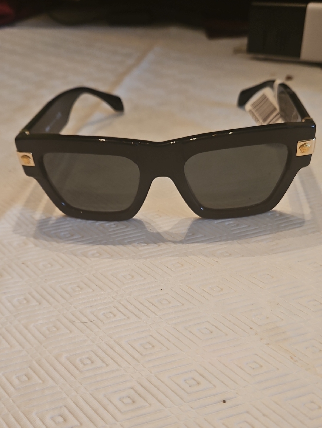 Versace Black Rectangular Sunglasses With Gold Accents